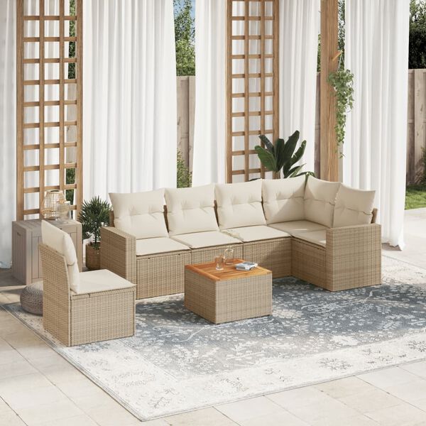 vidaXL Set Divani da Giardino 7 pz con Cuscini Beige in Polyrattan