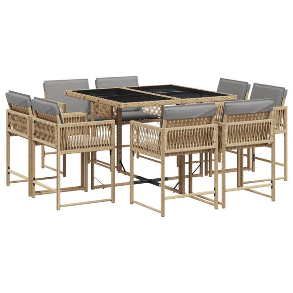 vidaXL Set Pranzo da Giardino 9 pz con Cuscini Beige Misto Polyrattan