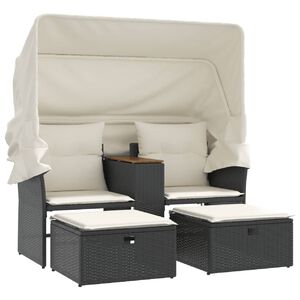 vidaXL Divano Giardino 2 Posti Baldacchino e Sgabelli Nero Polyrattan