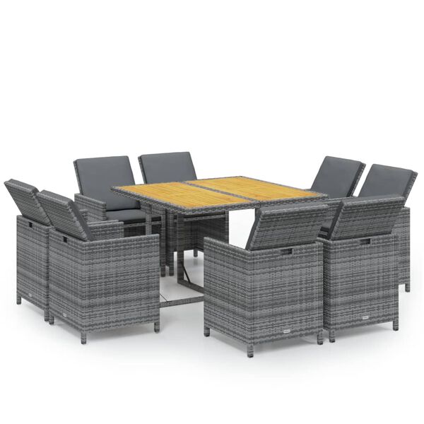 vidaXL Set Pranzo da Giardino 9 pz con Cuscini in Polyrattan Grigio