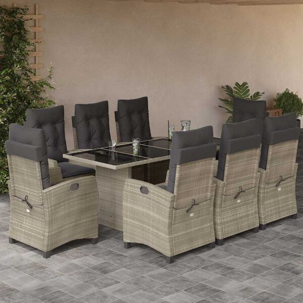 vidaXL Set Pranzo da Giardino 9pz con Cuscini Grigio Chiaro Polyrattan