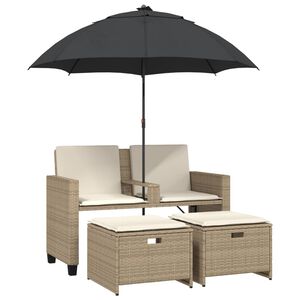 vidaXL Divano Giardino 2Posti Ombrellone e Sgabelli Beige Polyrattan