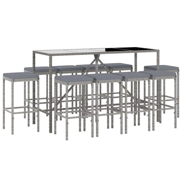 vidaXL Set Bar da Giardino 11 pz con Cuscini in Polyrattan Grigio