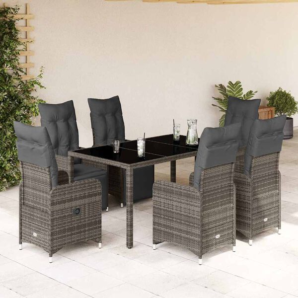 vidaXL Set Bistr&ograve; da Giardino 7 pz con Cuscini in Polyrattan Grigio