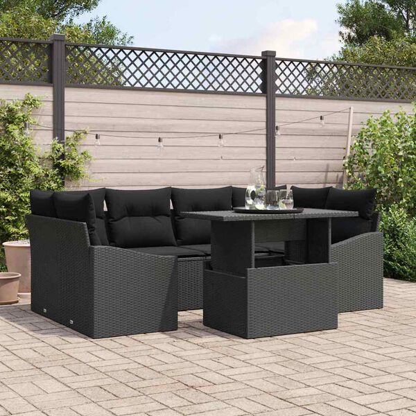 vidaXL Set Divano da Giardino con cuscino 7 pcs Nero polyrattan