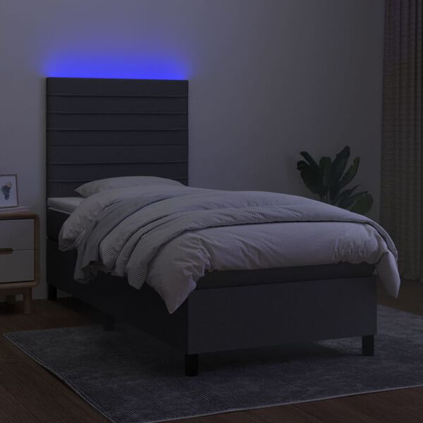 vidaXL Letto a Molle Materasso e LED Grigio Scuro 90x200 cm in Tessuto