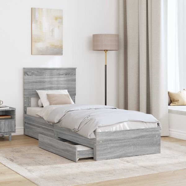 vidaXL Letto con Contenitore con testiera Grigio Sonoma 75 x 190 cm