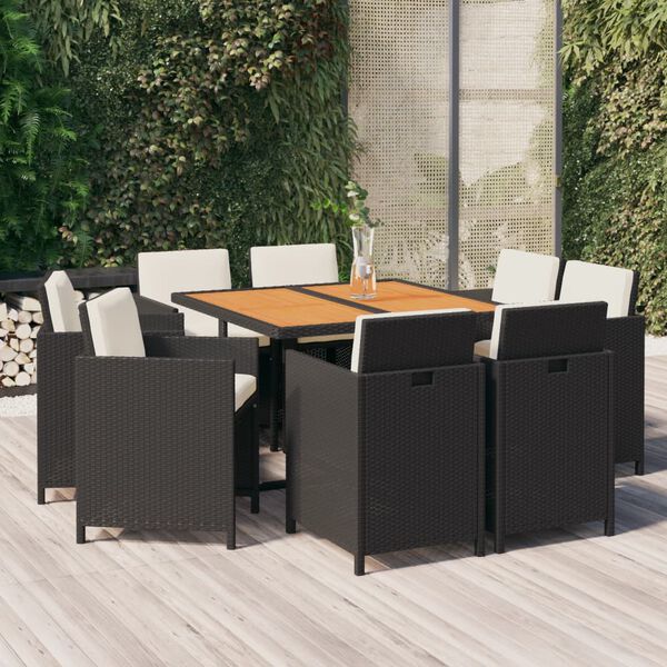 vidaXL Set da Pranzo da Giardino 9 pz con Cuscini Nero in Polyrattan