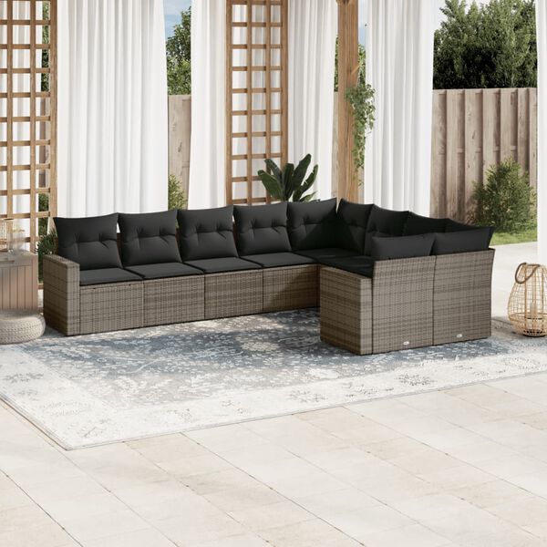 vidaXL Set Divano da Giardino 9 pz con Cuscini Grigio in Polyrattan