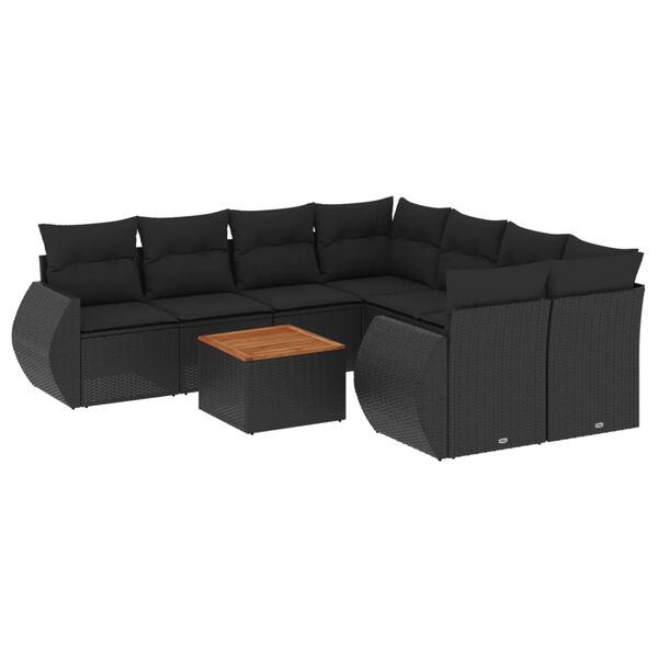 vidaXL Set Divani da Giardino 9 pz con Cuscini Nero in Polyrattan