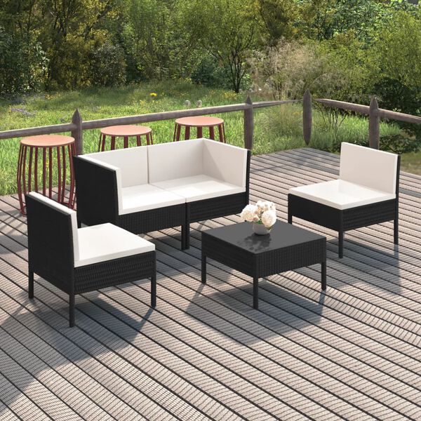vidaXL Set Divani da Giardino 5 pz con Cuscini in Polyrattan Nero