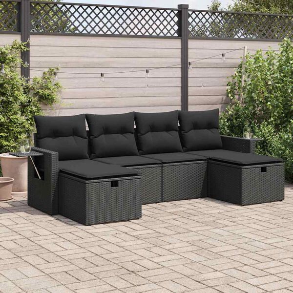 vidaXL Set Divano da Giardino 6 pz con Cuscini Nero in Polyrattan