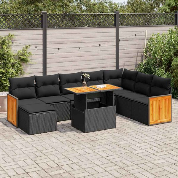 vidaXL Set Divani da Giardino 9 pz con Cuscini Nero Polyrattan Acacia