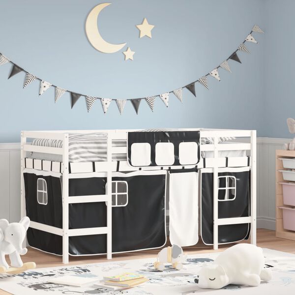 vidaXL Letto a Soppalco con Tende Bambini Bianco e Nero 80x200 cm Pino
