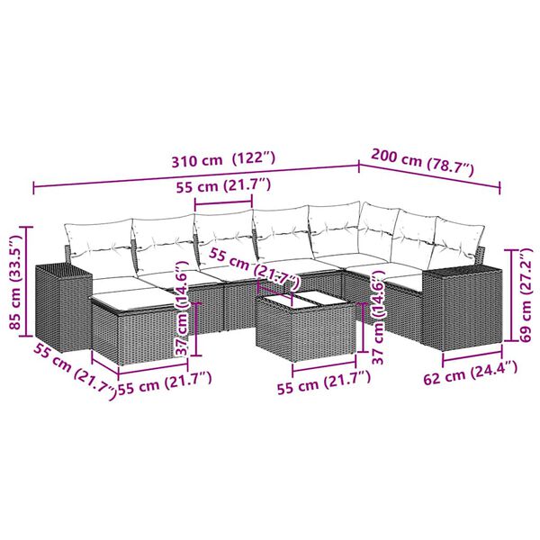 vidaXL Set Divano da Giardino 9pz con Cuscini Grigio Chiaro Polyrattan