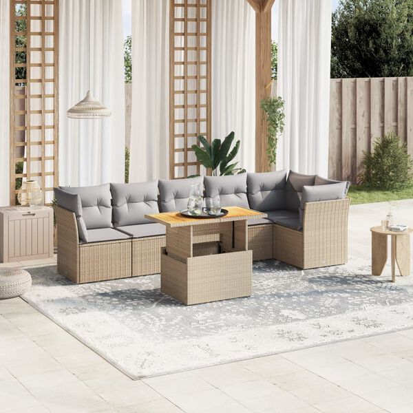 vidaXL Set Divani da Giardino 7 pz con Cuscini Beige in Polyrattan