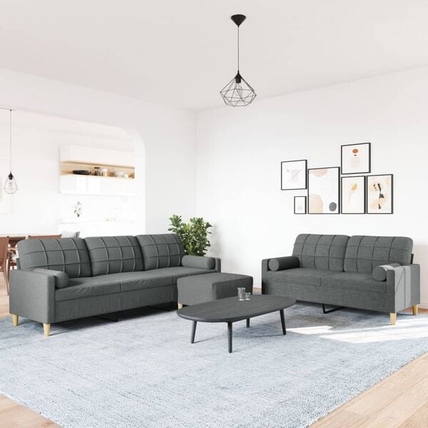vidaXL Set Divani 3 pz con Poggiapiedi e Cuscini Grigio Scuro Tessuto