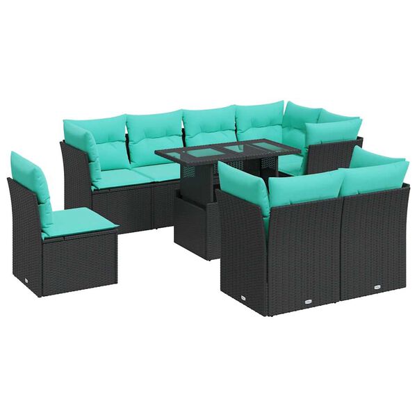 vidaXL Set Divani da Giardino 9 pz con Cuscini Nero Polyrattan Acacia