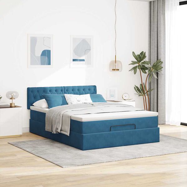 vidaXL Struttura Letto Pouf con Materasso Blu 140x200cm in Velluto