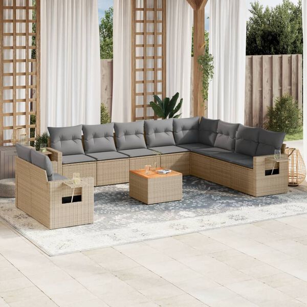 vidaXL Set Divano da Giardino 11 pz con Cuscini Beige Misto Polyrattan