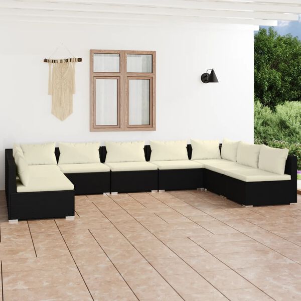 vidaXL Set Salotto da Giardino 9 pz con Cuscini in Polyrattan Nero