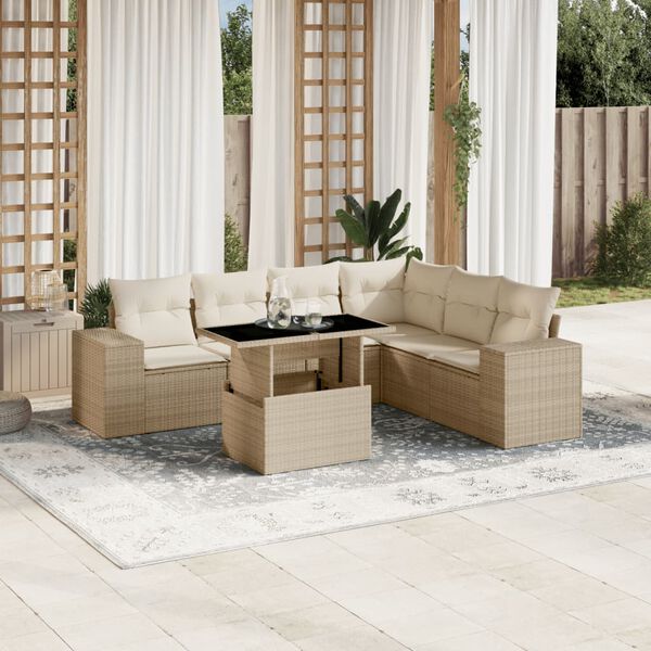 vidaXL Set Divani da Giardino 7 pz con Cuscini Beige in Polyrattan