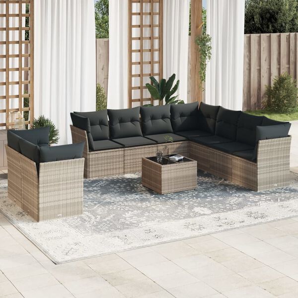 vidaXL Set Divano Giardino 10 pz con Cuscini Grigio Chiaro Polyrattan
