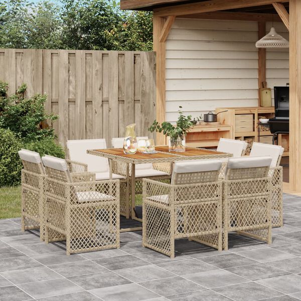 vidaXL Set da Pranzo da Giardino 9 pz con Cuscini Beige in Polyrattan