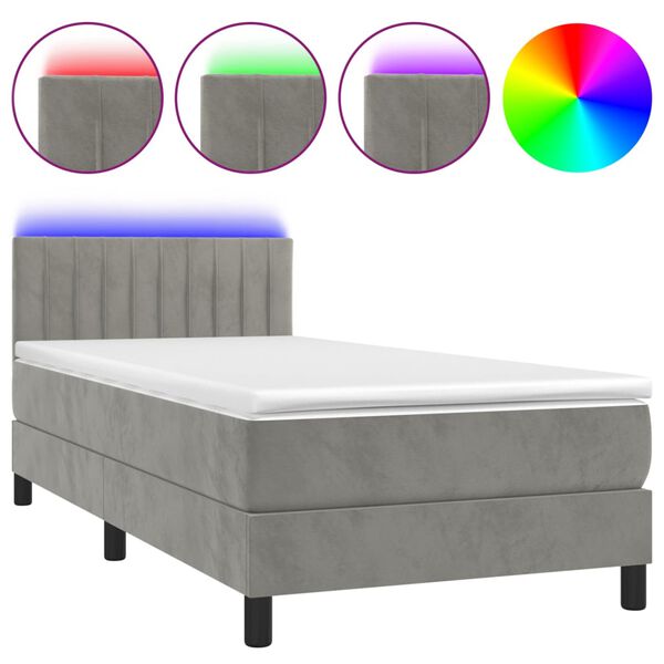 vidaXL Letto a Molle con Materasso e LED Grigio Chiaro 90x200 cm Velluto