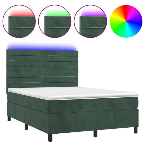 vidaXL Letto a Molle con Materasso e LED Verde Scuro 140x200cm Velluto
