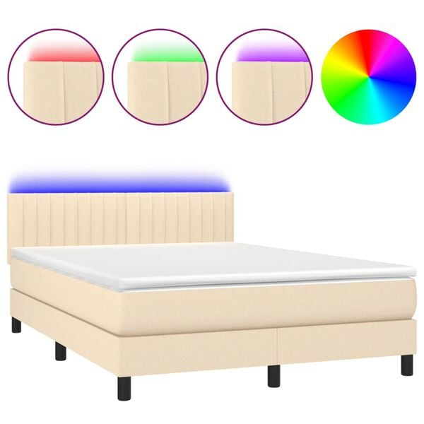 vidaXL Letto a Molle con Materasso e LED Crema 140x190 cm in Tessuto