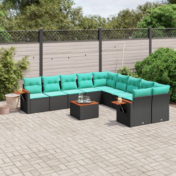 vidaXL Set Divani da Giardino 11 pz con Cuscini in Polyrattan Nero