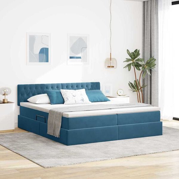 vidaXL Letto con luci a strisce a LED Blu Scuro 180 x 200 cm Velluto