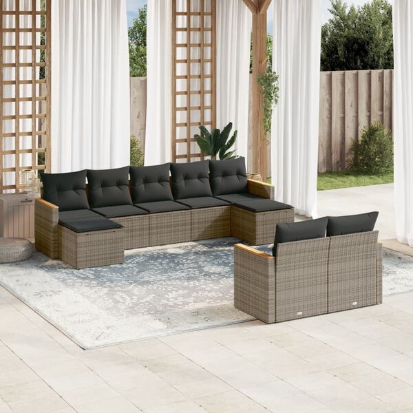 vidaXL Set Divano da Giardino 9 pz con Cuscini Grigio in Polyrattan