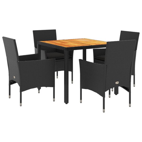 vidaXL Set Pranzo da Giardino 5 pz con Cuscini Nero Polyrattan Acacia