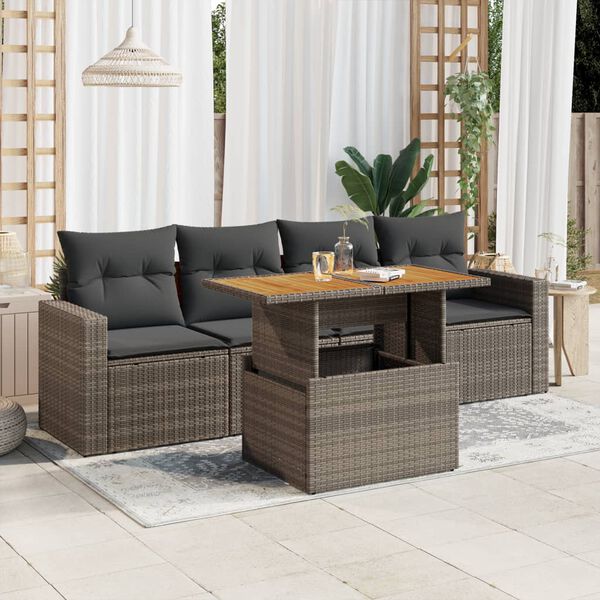 vidaXL Set Divano da Giardino 5 pz con Cuscini Grigio in Polyrattan