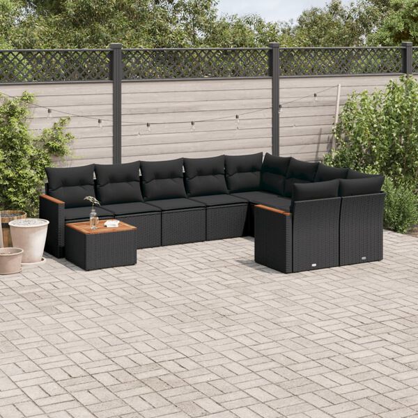 vidaXL Set Divani da Giardino 10pz con Cuscini in Polyrattan Nero