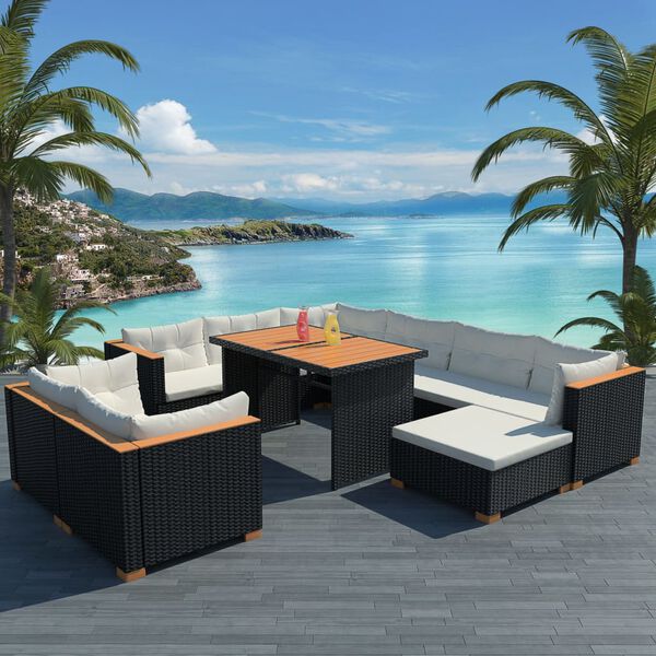 vidaXL Set Divani da Giardino 10 pz con Cuscini in Polyrattan Nero