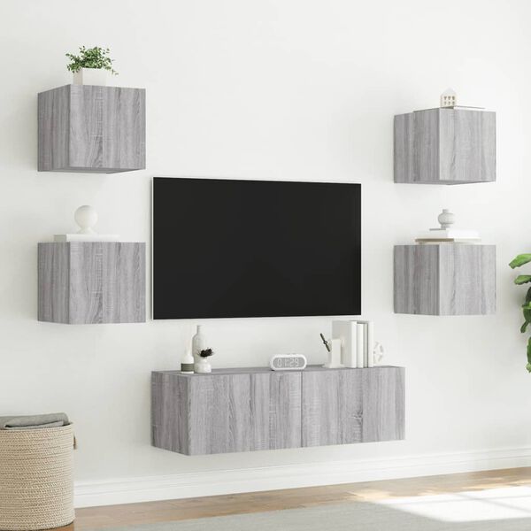 vidaXL Mobili TV a Muro 5pz con Luci LED Grigio Sonoma