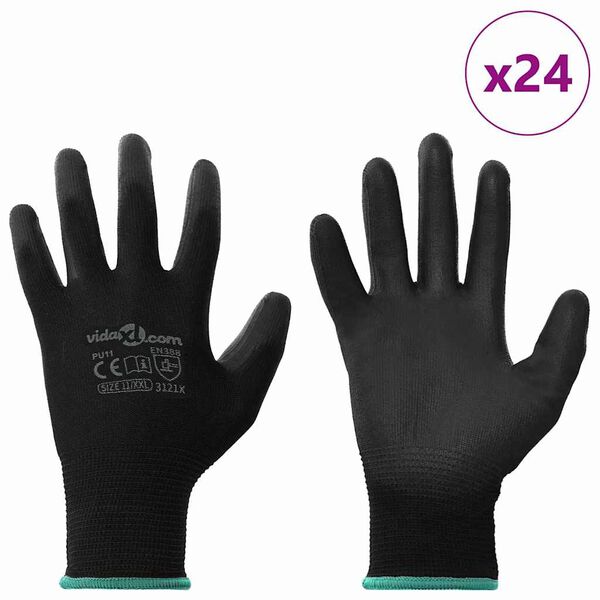 vidaXL Guanti da Lavoro 24 pcs Nero 11 / XXL Poliestere
