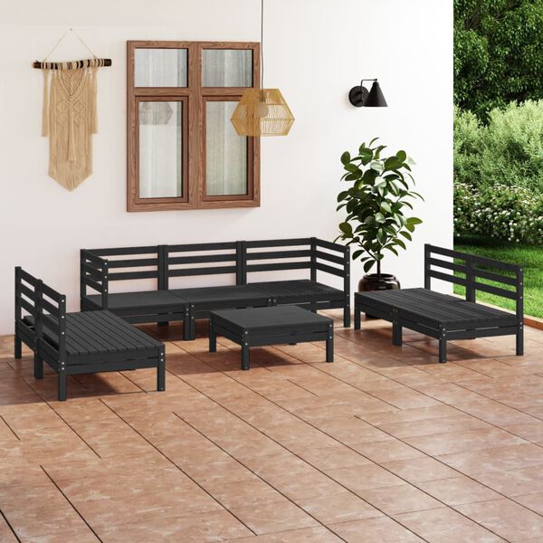 vidaXL Set Divani da Giardino 8 pz Nero in Legno Massello di Pino