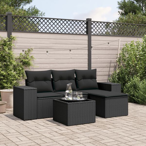 vidaXL Set Divani da Giardino 5 pz con Cuscini in Polyrattan Nero