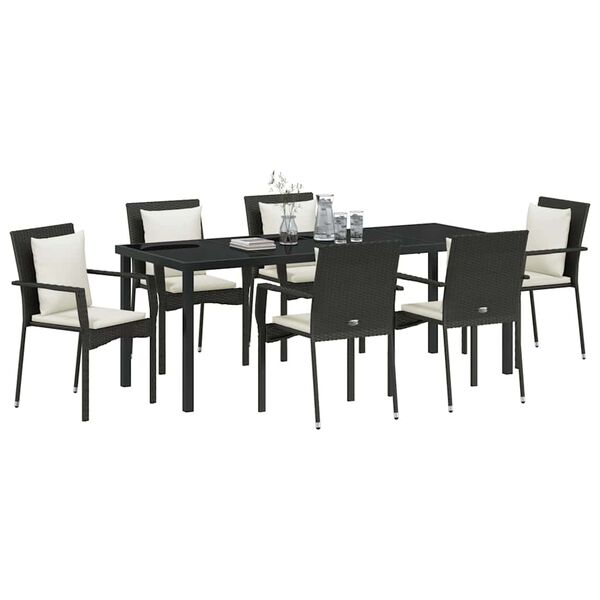 vidaXL Set da Pranzo per Giardino con cuscino 7 pcs Nero polyrattan