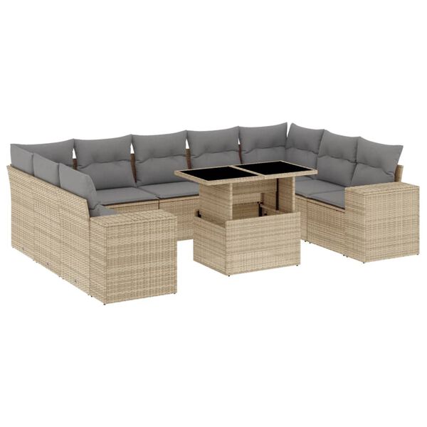 vidaXL Set Divano da Giardino 10 pz con Cuscini Beige in Polyrattan