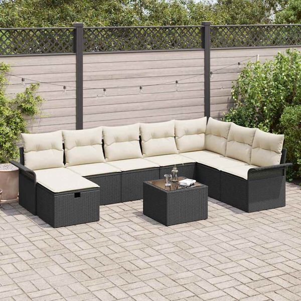 vidaXL Set Divano da Giardino 9 pcs Nero e Crema polyrattan