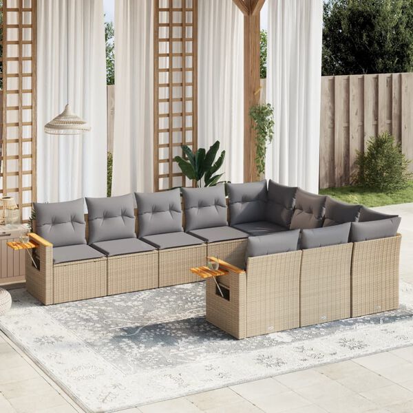 vidaXL Set Divano da Giardino 10 pz con Cuscini Beige in Polyrattan