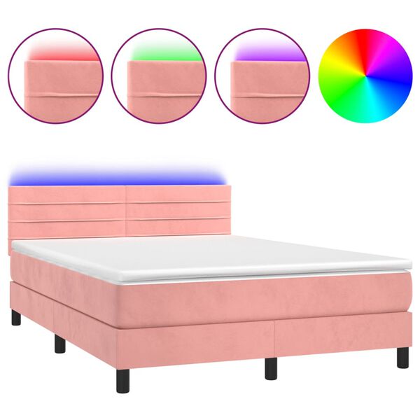 vidaXL Letto a Molle con Materasso e LED Rosa 140x190 cm in Velluto