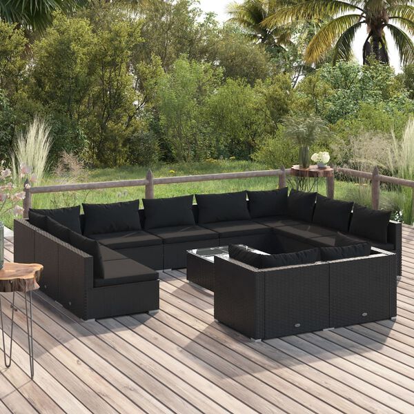 vidaXL Set Divani da Giardino 12 pz con Cuscini in Polyrattan Nero