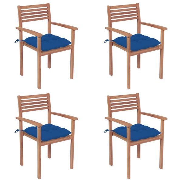 vidaXL Sedie da Giardino 4 pz con Cuscini Blu Massello di Teak