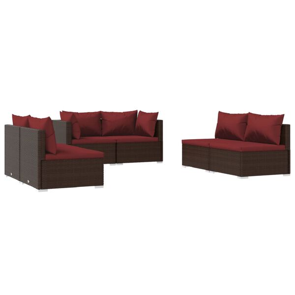 vidaXL Set Divani da Giardino 6 pz con Cuscini in Polyrattan Marrone